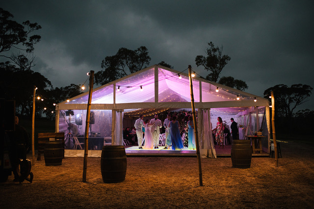 Hocker Marquee at Night with Fairy Lights and Festoon Lighting on Property