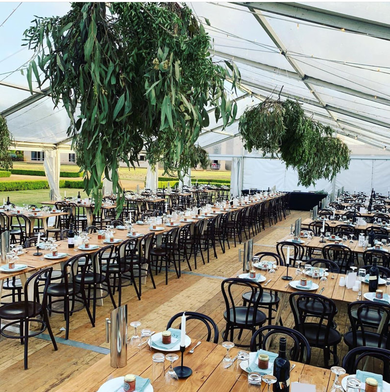 Polished tables and bentwood chairs wedding setup