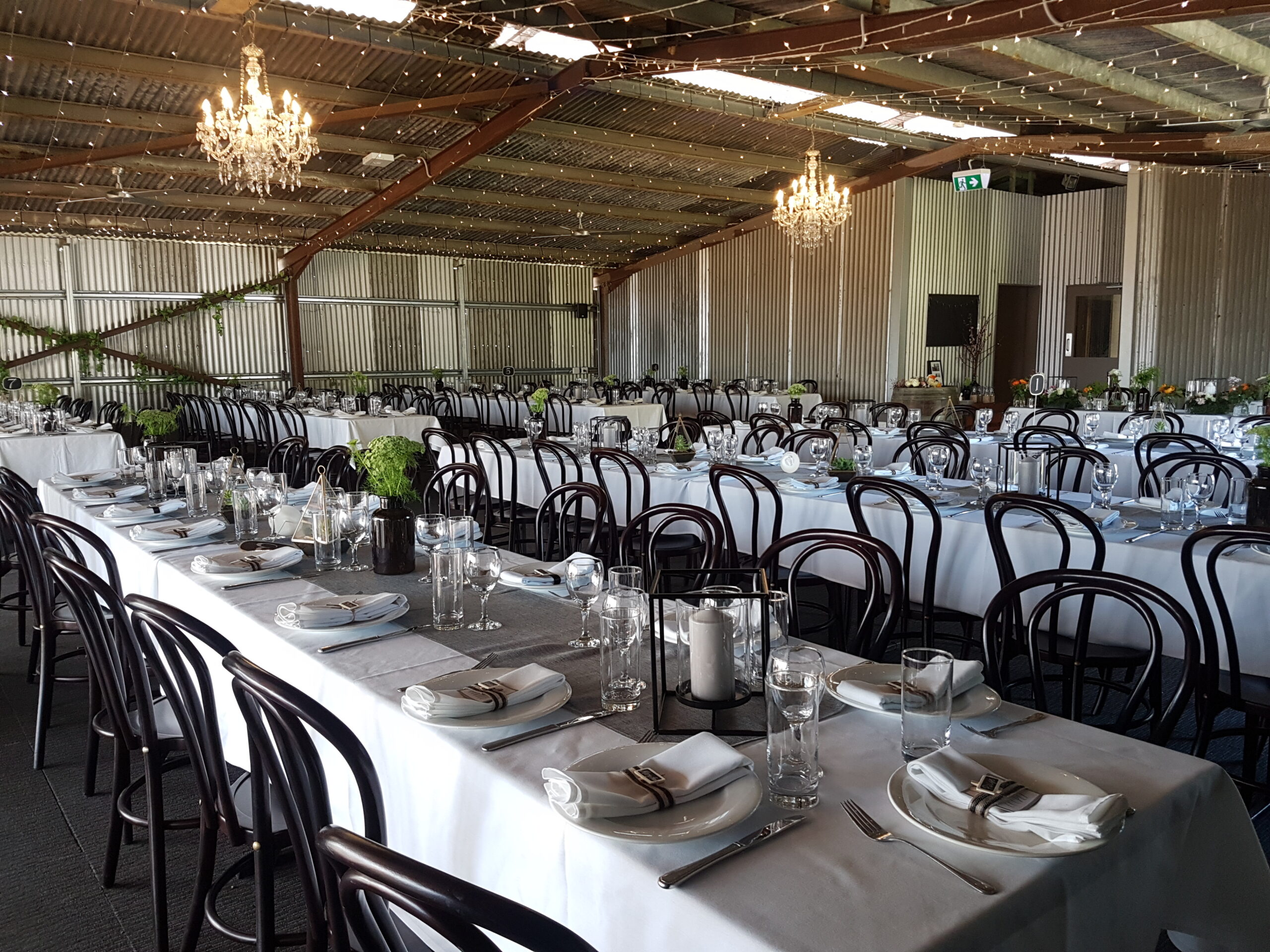 Rustic Wedding Reception with Timber Bentwood Chairs and White Tablecloths