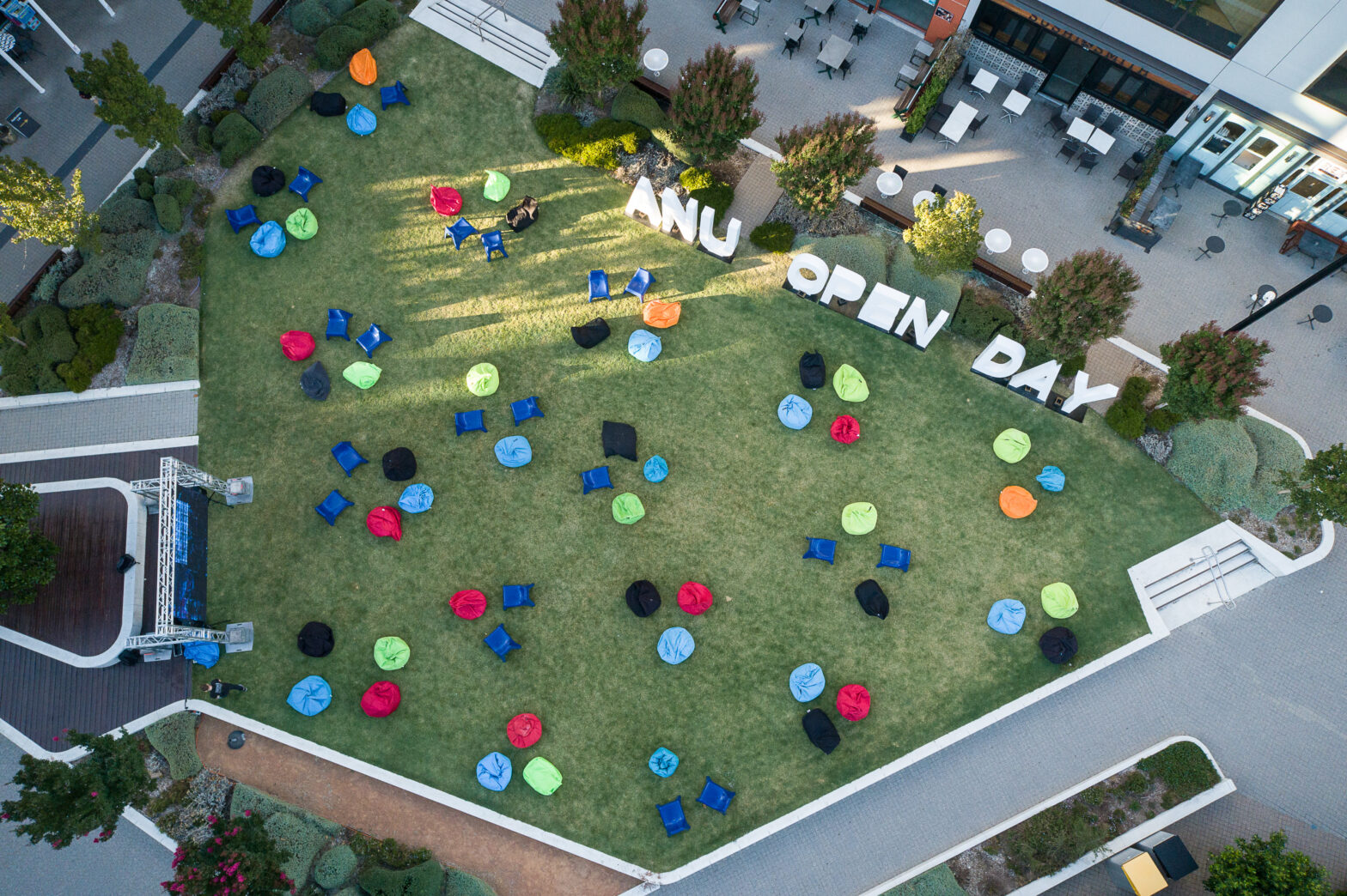 Closer drone shot at ANU Open Day
