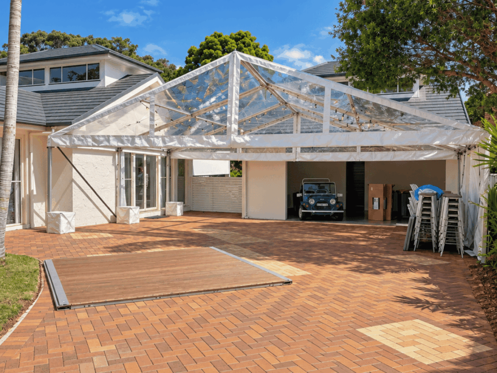 Clear roof wedding marquee installed at a private home in Noraville on the Central Coast